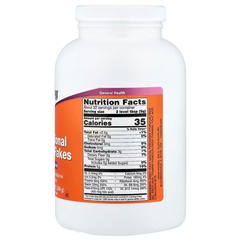 Close-up of NOW Foods Nutritional Yeast Flakes 284 g container on a white background at United Vitamins