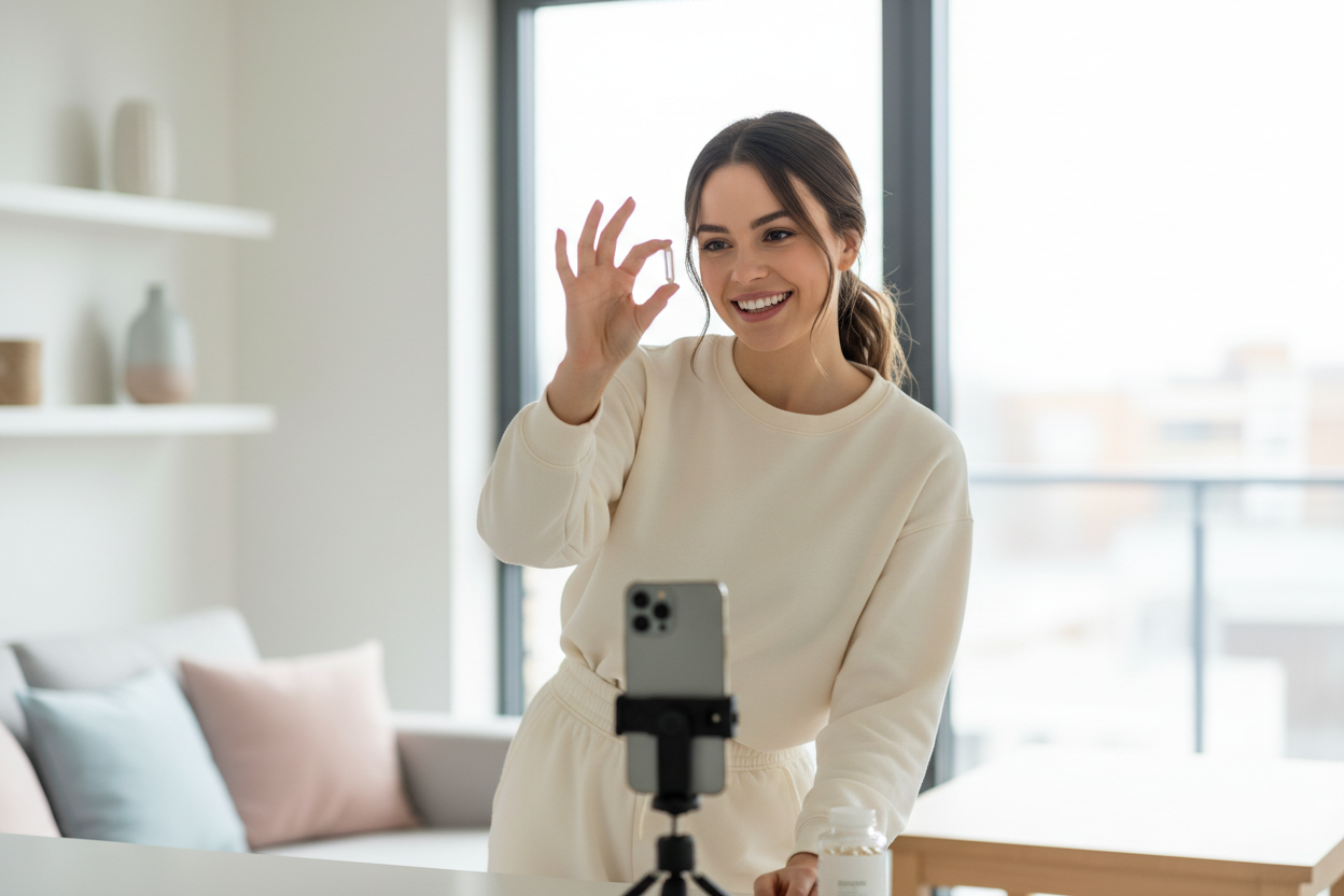 A woman in her late 20s filming a short wellness video on her phone, standing near a window with natural light, holding a supplement capsule and smiling. Soft pastel colours, lifestyle aesthetic, clean background, modern UK apartment, subtle product placement, high-quality lifestyle photography.
