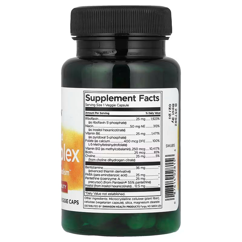 Supplement activated b-complex bottle from Swanson with label showing 'Supplement Facts' on a white background