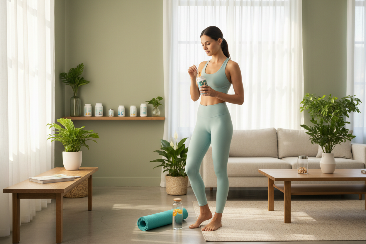 Athletic woman at home after a workout, preparing her vitamins next to a yoga mat and water bottle. Bright, energizing environment, natural sunlight, fresh colours, clean minimal interior. Supplements subtly placed, wellness lifestyle theme.
