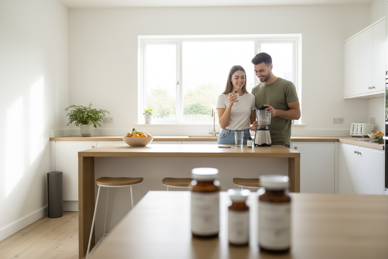 Bright modern UK kitchen, a young couple starting their morning wellness routine, smiling while taking vitamins and preparing a smoothie. Natural lighting, clean white interior, minimalistic style, soft shadows, healthy lifestyle mood, supplement bottles on the counter blurred intentionally. Realistic photography, warm and inviting.
