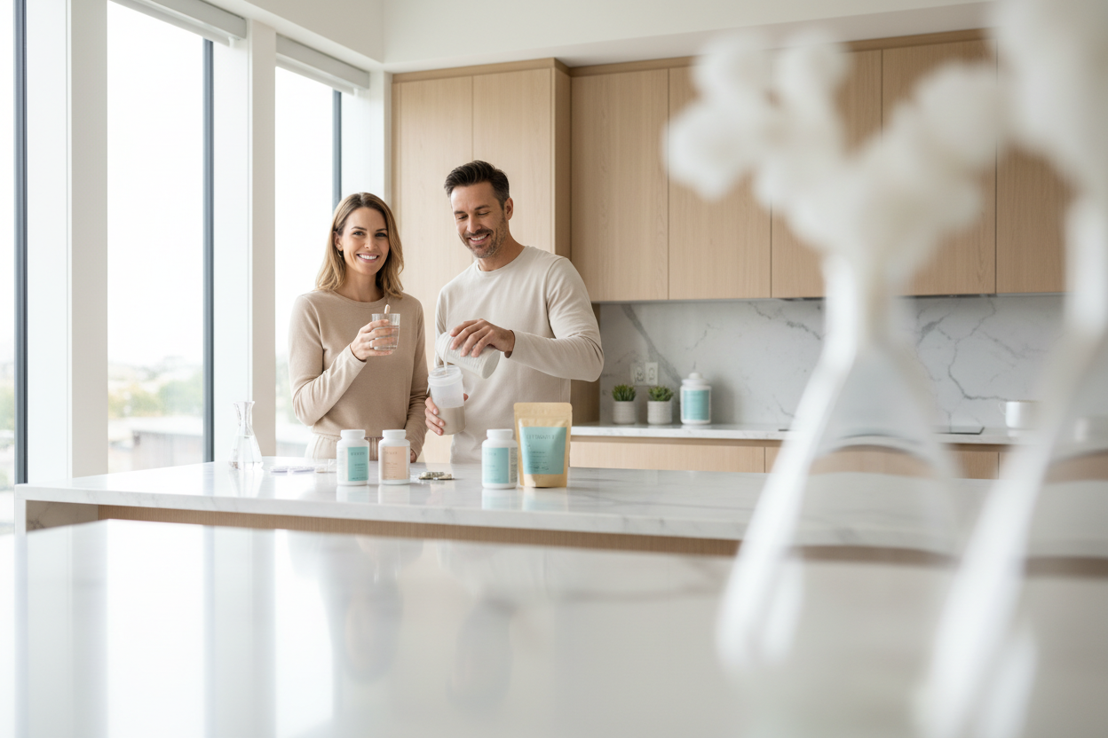 Create a modern, premium wellness-themed hero image for a UK vitamins & supplements brand. Show a clean, bright lifestyle scene with natural lighting. Include happy, healthy adults smiling or preparing supplements in a modern kitchen. Add neatly arranged supplement bottles on a countertop with soft depth of field. Style should feel trustworthy, medical-grade quality but warm and friendly. Color palette: whites, soft neutrals, light blues. Avoid clutter. Create a balanced composition where text could be plac