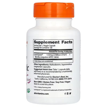 Doctor's Best Digestive Health Probiotic 2 Billion with LactoSpore® supplement facts label showing LactoSpore® Bacillus coagulans MTCC 5856 at 2 billion CFU per serving