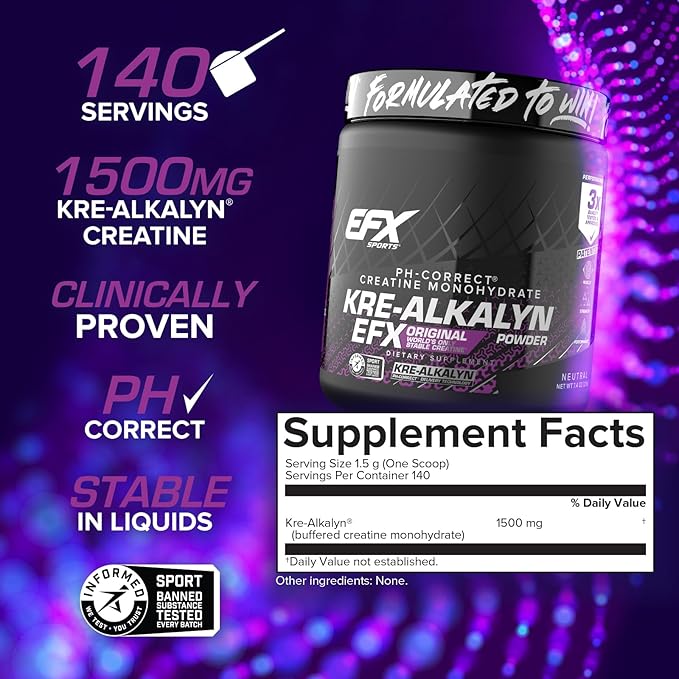 EFX Sports Kre - Alkalyn Powder – pH - Correct Buffered Creatine for Strength, Power & Performance | 220g - United Vitamins