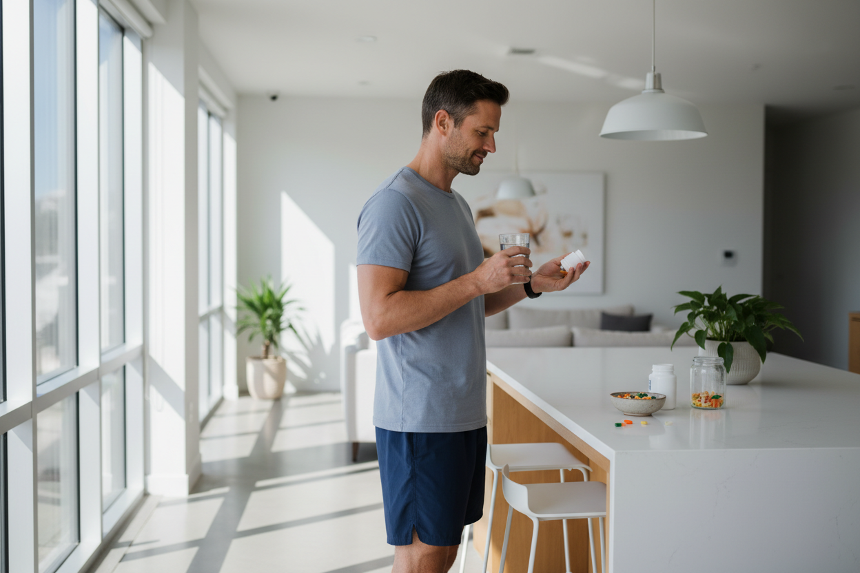 Fit man in his 30s in a bright kitchen taking his daily vitamins with water. Casual clothing, relaxed morning vibe, natural sunlight, minimalistic interior, warm atmosphere. Soft depth of field, supplements visible but not branded. Professional lifestyle photo style.
