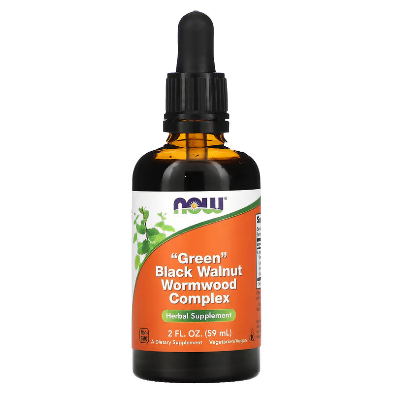 Herbal supplement bottle labeled 'Green Black Walnut Wormwood Complex' with Now brand on a white background