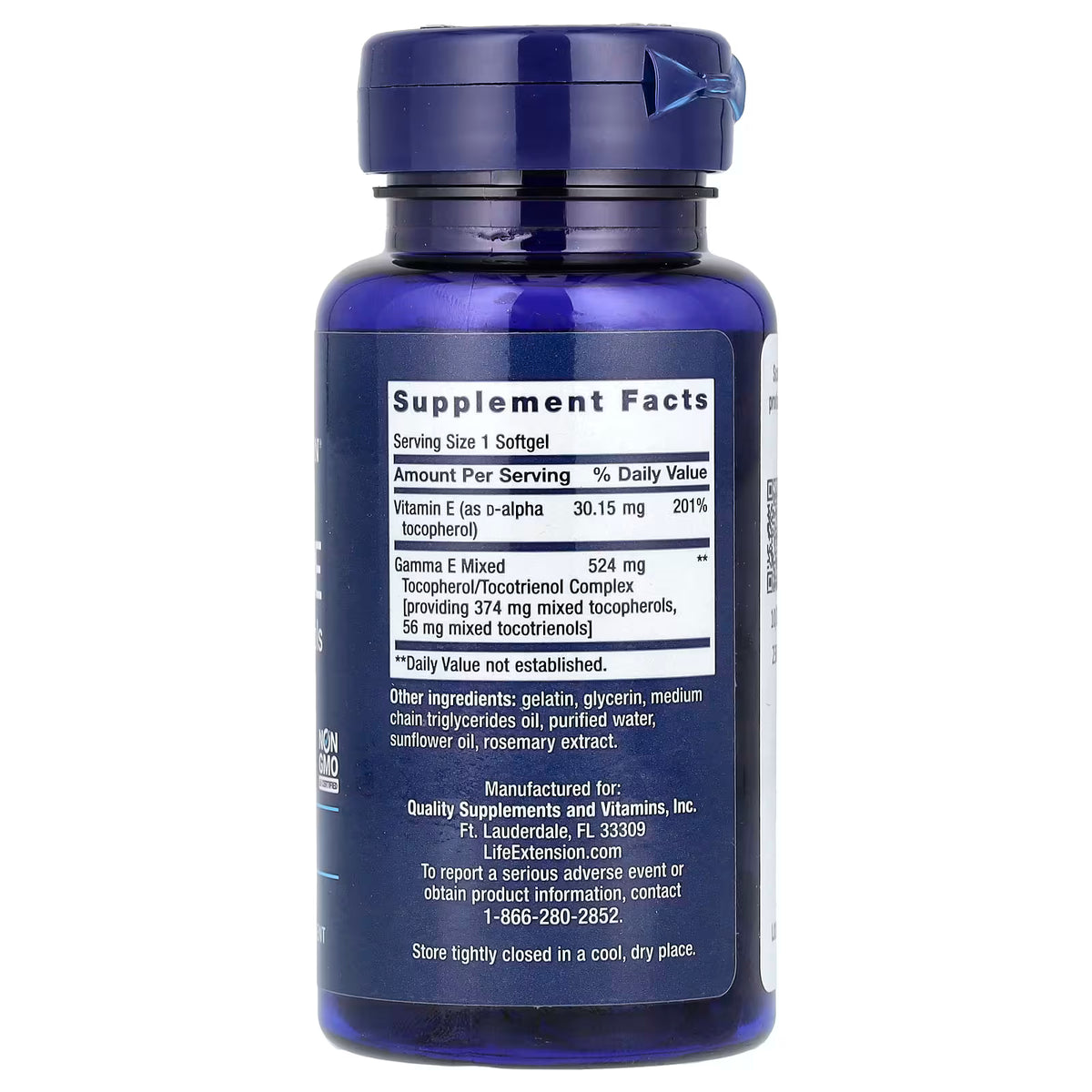Life Extension Gamma E supplement facts panel – Mixed Tocopherols and Tocotrienols serving size and ingredients