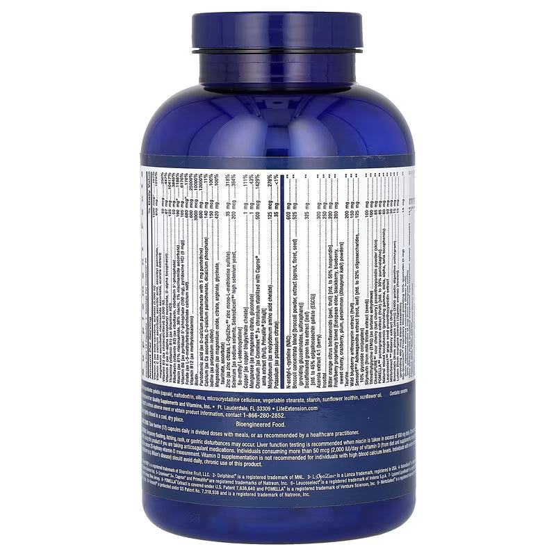 Blue supplement bottle with nutritional information label on a white background