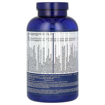 Blue supplement bottle with nutritional information label on a white background