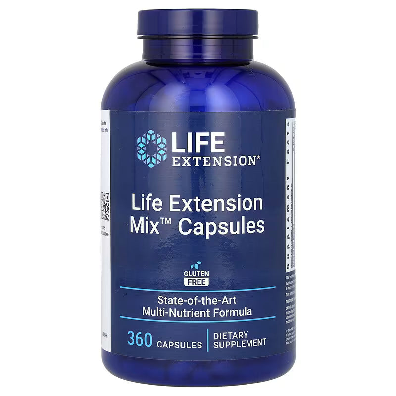 Blue supplement bottle labeled 'Life Extension Mix Capsules' on a white background