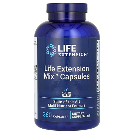 Blue supplement bottle labeled 'Life Extension Mix Capsules' on a white background