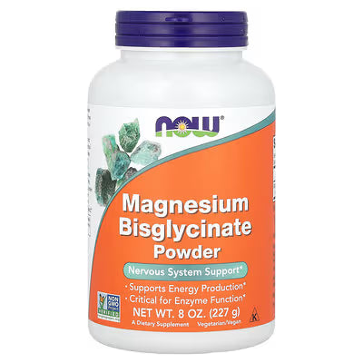 Bottle of Magnesium Bisglycinate Powder from NOW on a white background