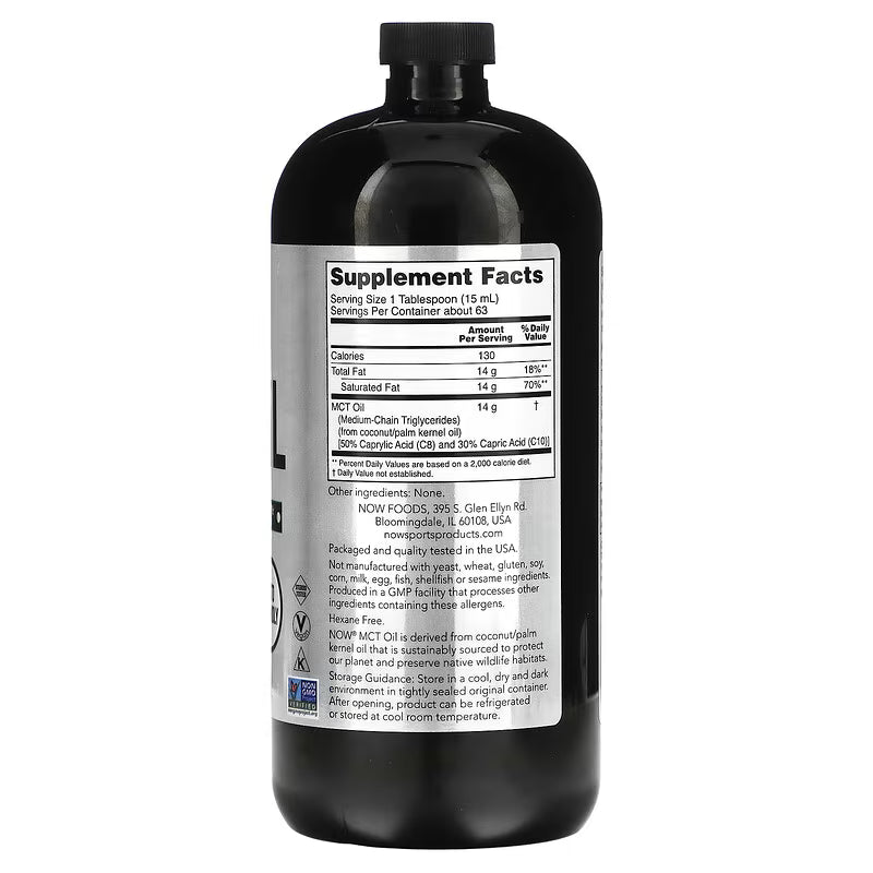 Mct oil bottle with supplement facts label on a white background