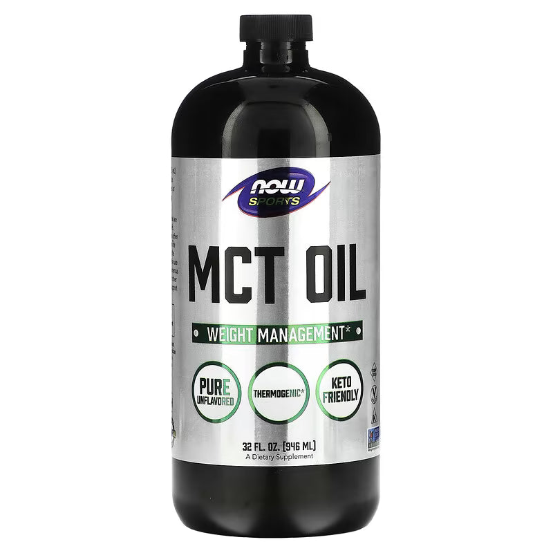 Bottle of MCT oil with NOW Sports label on a white background