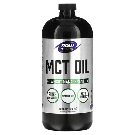 Bottle of MCT oil with NOW Sports label on a white background