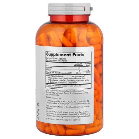 Supplement facts label for NOW Foods Amino Complete showing full amino acid profile and vitamin B6