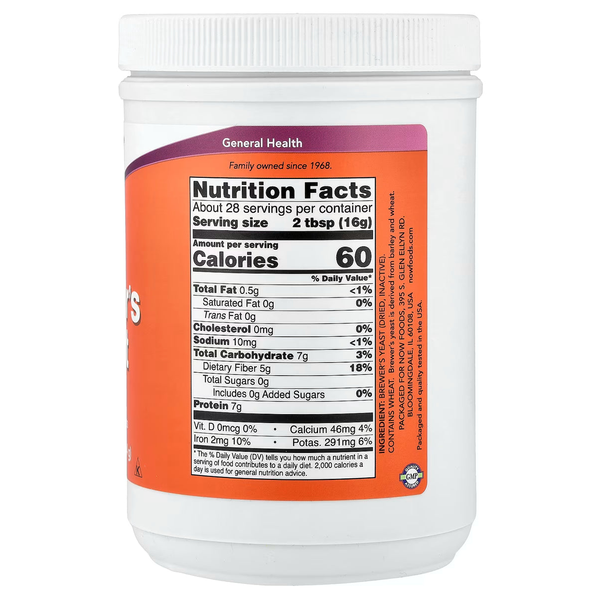 Nutrition facts label on NOW Foods Brewer’s Yeast Powder 454g container