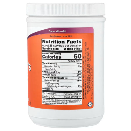 Nutrition facts label on NOW Foods Brewer’s Yeast Powder 454g container