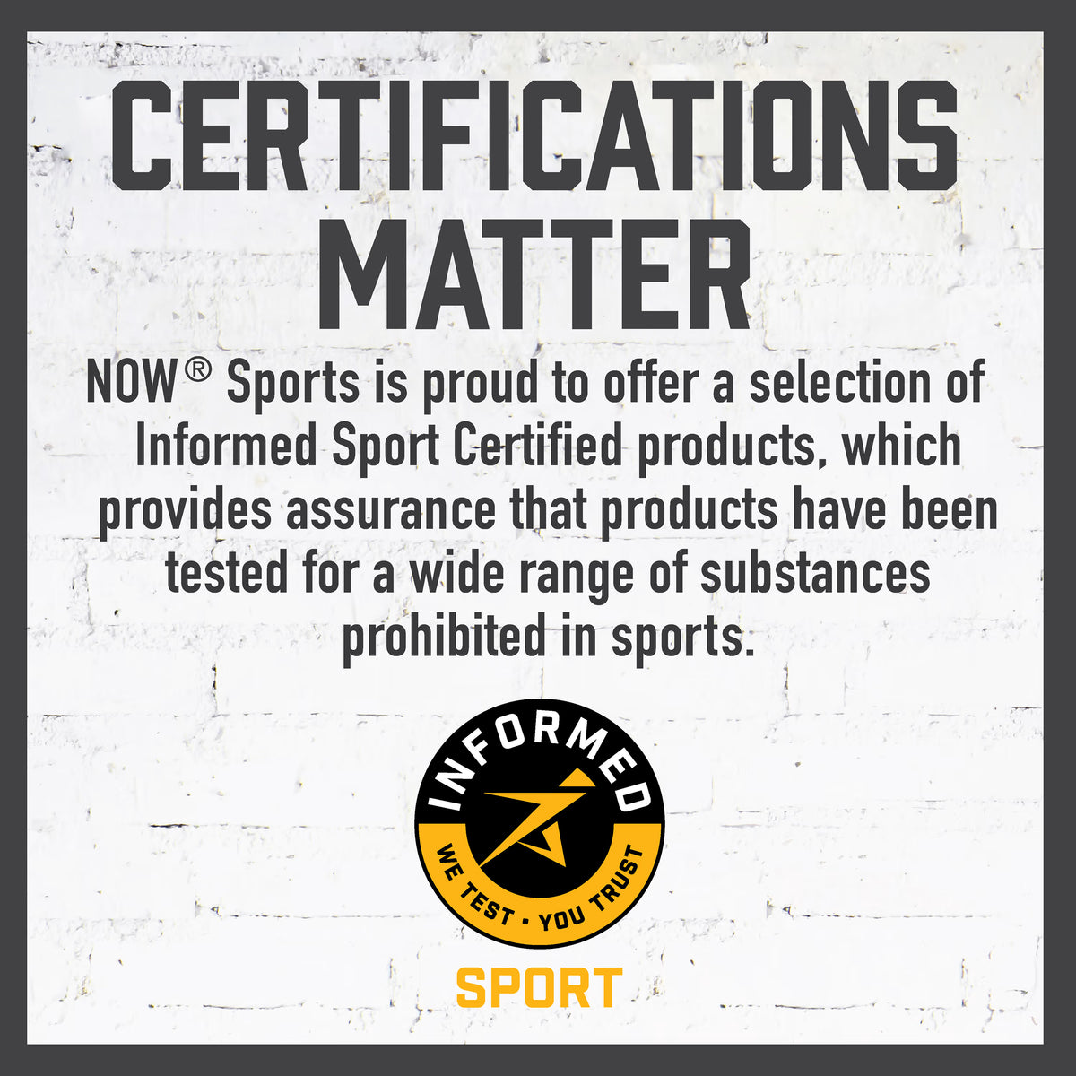 Advertisement for NOW Sports with text about informed sport certified products on a white background.