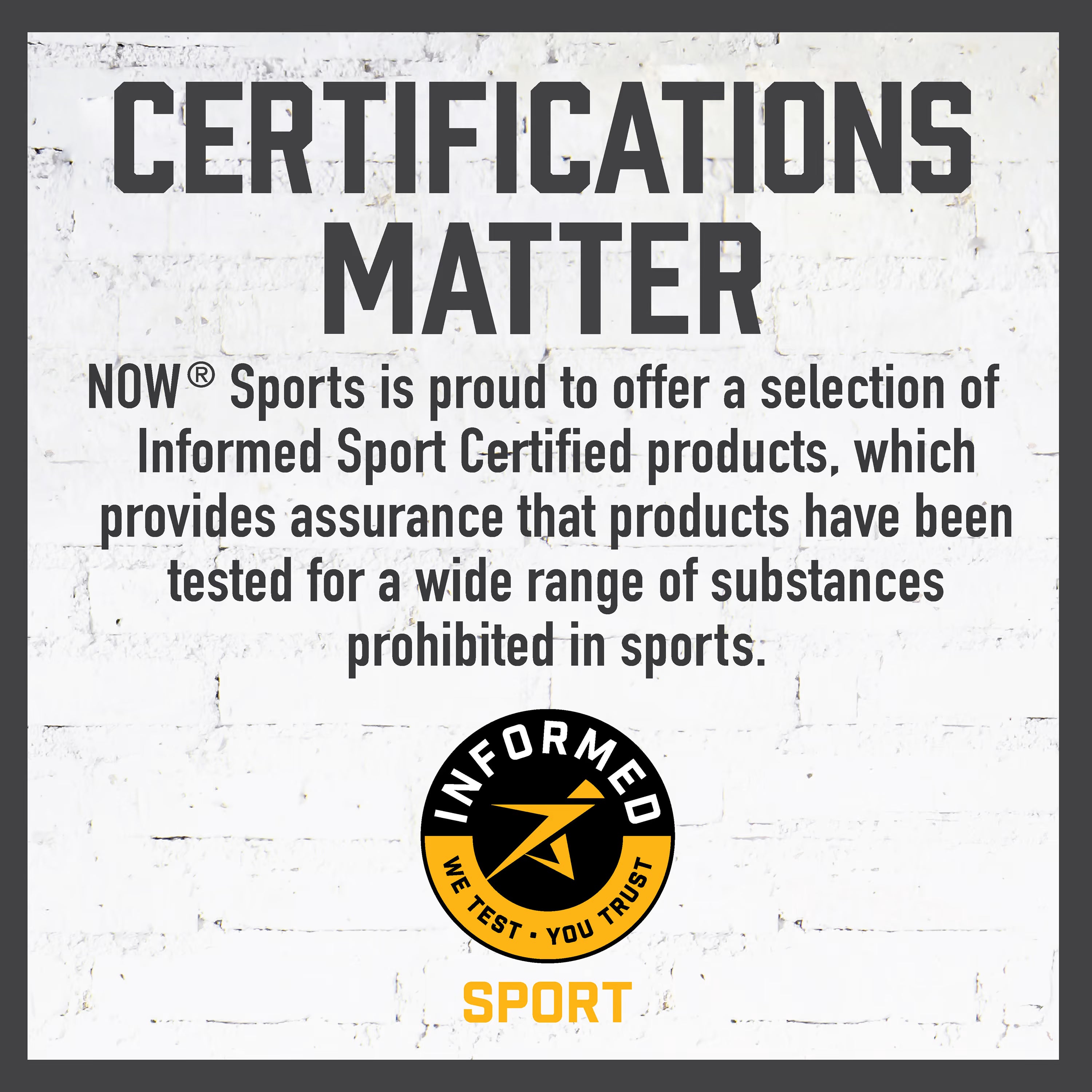 Advertisement for NOW Sports with text about informed sport certified products on a white background.