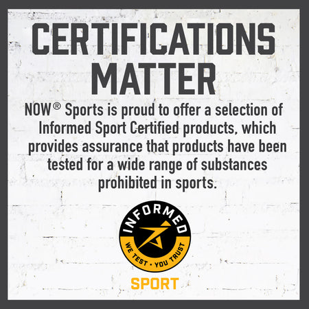 Advertisement for NOW Sports with text about informed sport certified products on a white background.