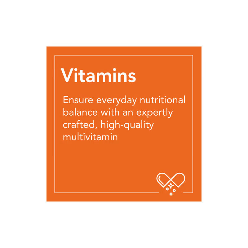 Orange square with text about vitamins and a multivitamin logo on a white background