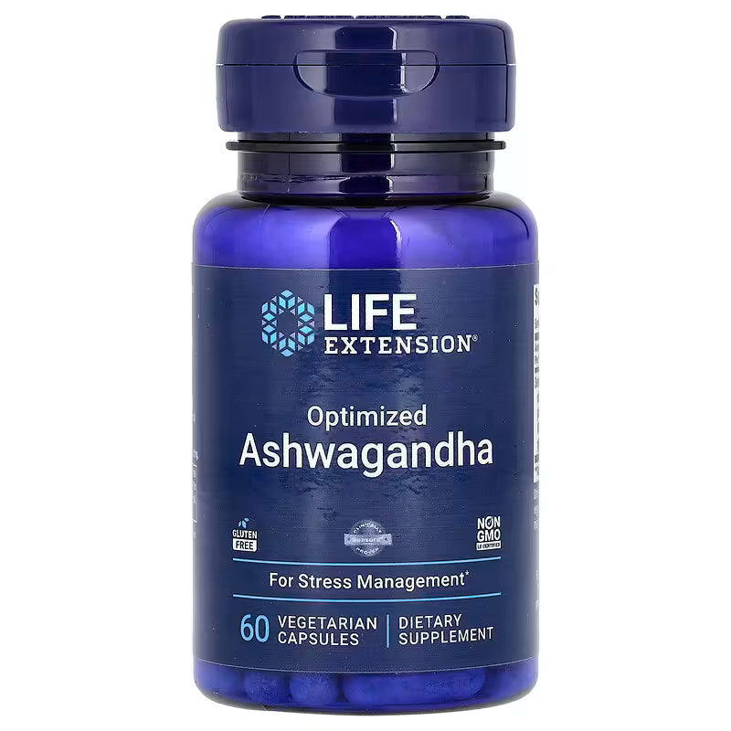 Blue supplement bottle labeled 'Optimized Ashwagandha' by Life Extension on a white background