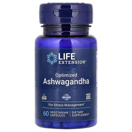 Blue supplement bottle labeled 'Optimized Ashwagandha' by Life Extension on a white background