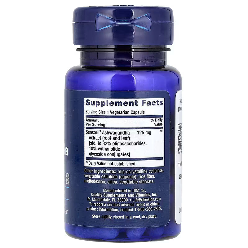Ashwagandha optimized supplement bottle with label showing 'Supplement Facts' on a white background