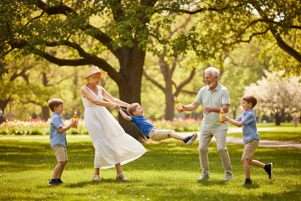 please make an image to contain elderly people having a good time in the park with their nephews and showing tonic and younger than their age 