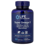 Blue supplement bottle labeled 'Super Omega-3' by Life Extension on a white background