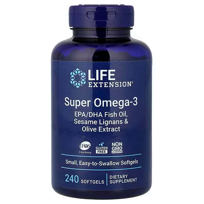 Blue bottle of Life Extension Super Omega-3 supplement on a white background