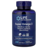 Blue bottle of Life Extension Super Omega-3 supplement on a white background