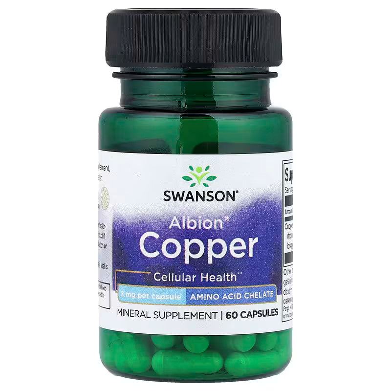 Swanson Albion Copper 2mg – 60 Capsules, Albion-patented copper bisglycinate chelate supplement, soy-free, gluten-free, GMO-free