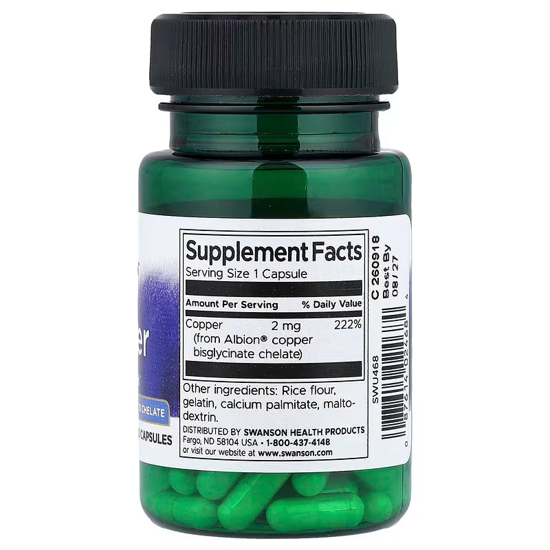 Swanson Albion Copper 2mg supplement facts panel – 2mg copper per capsule, 60 servings, free from soya, gluten and GMOs