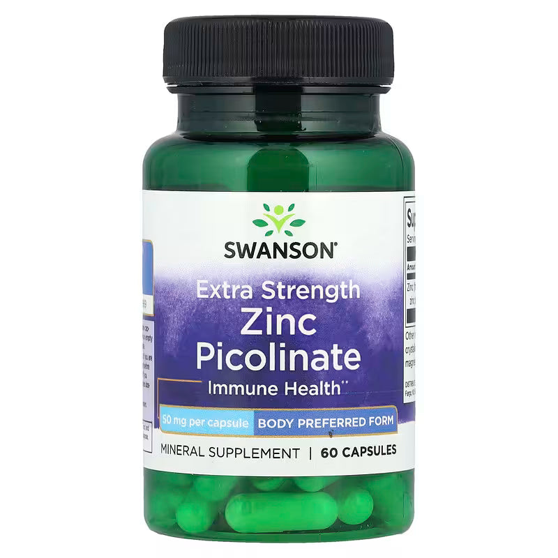 Swanson Zinc Picolinate 50mg Extra Strength – 60 Capsules, highly absorbable zinc supplement for immune support, skin health and cell protection