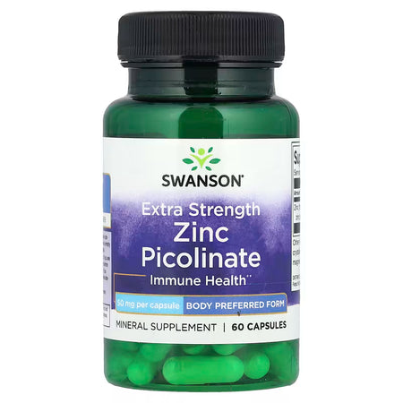 Swanson Zinc Picolinate 50mg Extra Strength – 60 Capsules, highly absorbable zinc supplement for immune support, skin health and cell protection