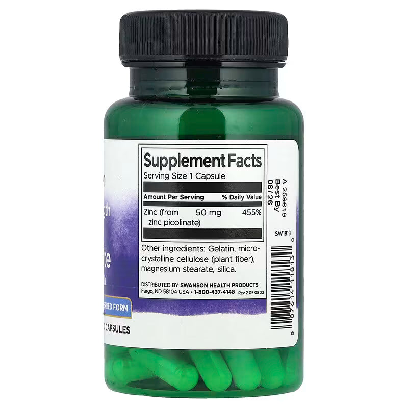 Swanson Zinc Picolinate 50mg supplement facts label showing zinc picolinate per capsule, ingredients and serving size – 60 capsules