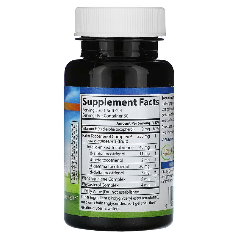 Tocomin Suprabio supplement bottle with label showing 'Supplement Facts' on a white background