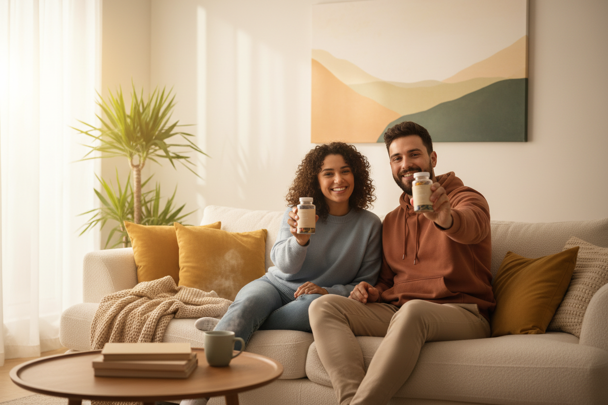 Two friends sitting on a sofa having a relaxed conversation while showing their supplement bottles. Natural lighting, soft colours, cozy living room, warm tones, positive energy, modern lifestyle photography, unbranded supplements featured naturally.

