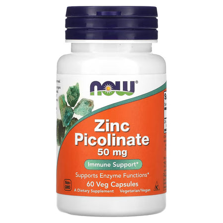 Supplement bottle labeled 'Zinc Picolinate 50 mg' by NOW on a white background
