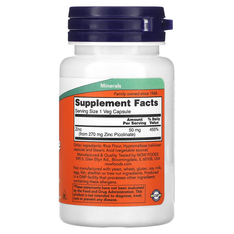 Zinc Picolinate bottle from Now with 'Minerals' label and 'Supplement Facts' panel on a white background