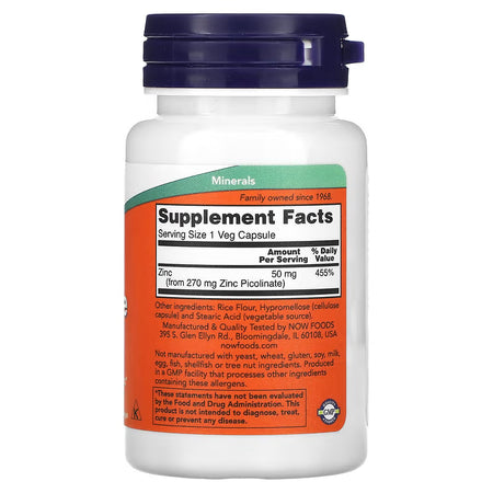 Zinc Picolinate bottle from Now with 'Minerals' label and 'Supplement Facts' panel on a white background